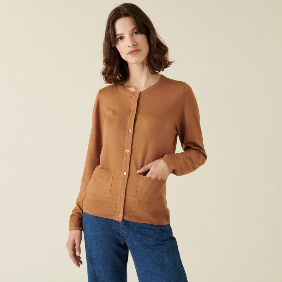Merino wool buttoned round-neck cardigan with pockets - Amalia