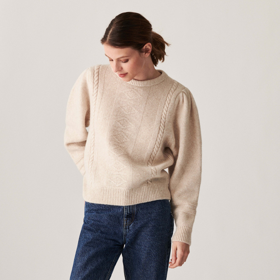 Raglan sleeve sweater in cocoon wool and cable knit - Carlotta