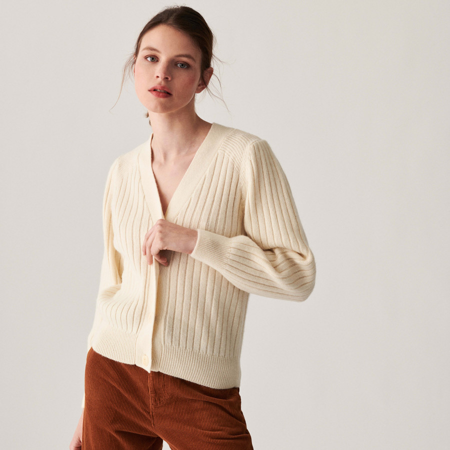 Alpaca wool V-neck cardigan with ribbed edges - Celly