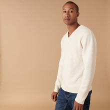 Pull col V en laine mérinos grosse maille - Ariston 7403 ecru - 82 Ecru