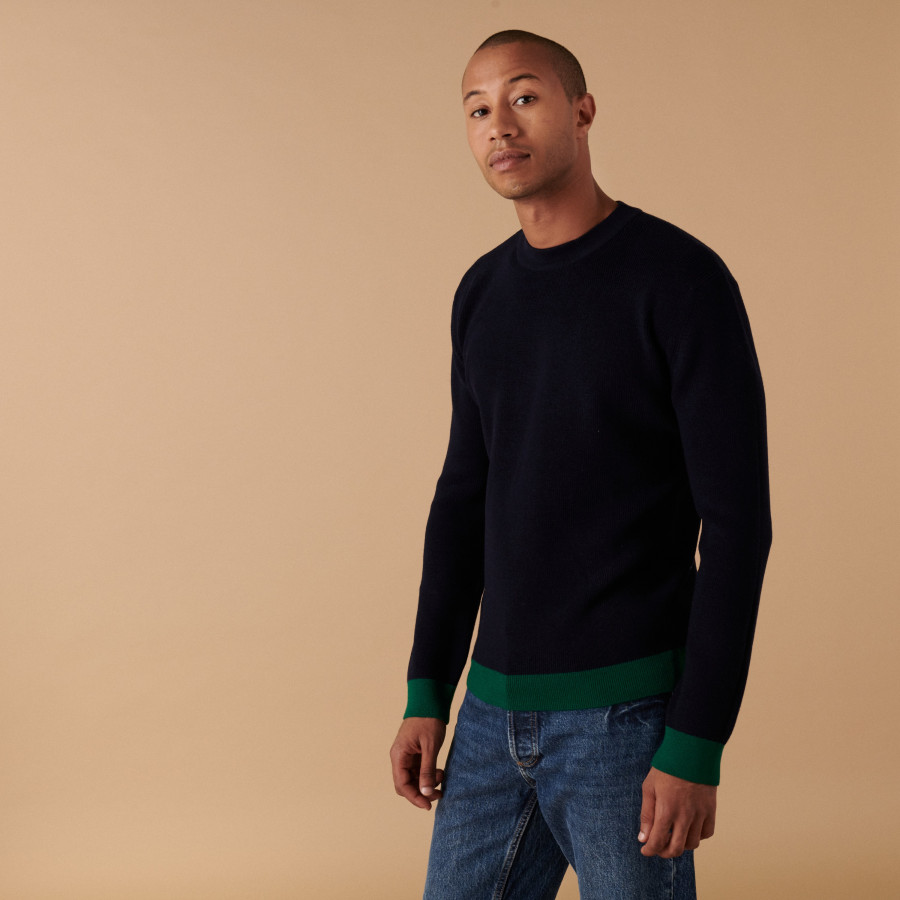 Two-tone round-neck merino wool sweater - Adrien