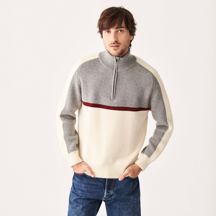 Tricolor alpaca wool sweater with trucker collar - Augustin