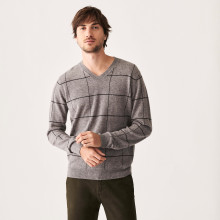 Pull quadrillé col V en cachemire - Arthur 7535 gris clair/bronze - 11 Gris clair