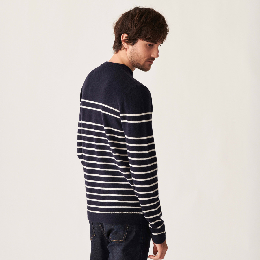 Pull col rond rayé en cachemire - Auguste 7539 marine/ecru - 05 Bleu marine