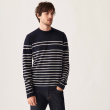 Pull col rond rayé en cachemire - Auguste 7539 marine/ecru - 05 Bleu marine