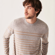 Pull col rond rayé en cachemire - Auguste 7541 gris clair/sable - 11 Gris clair