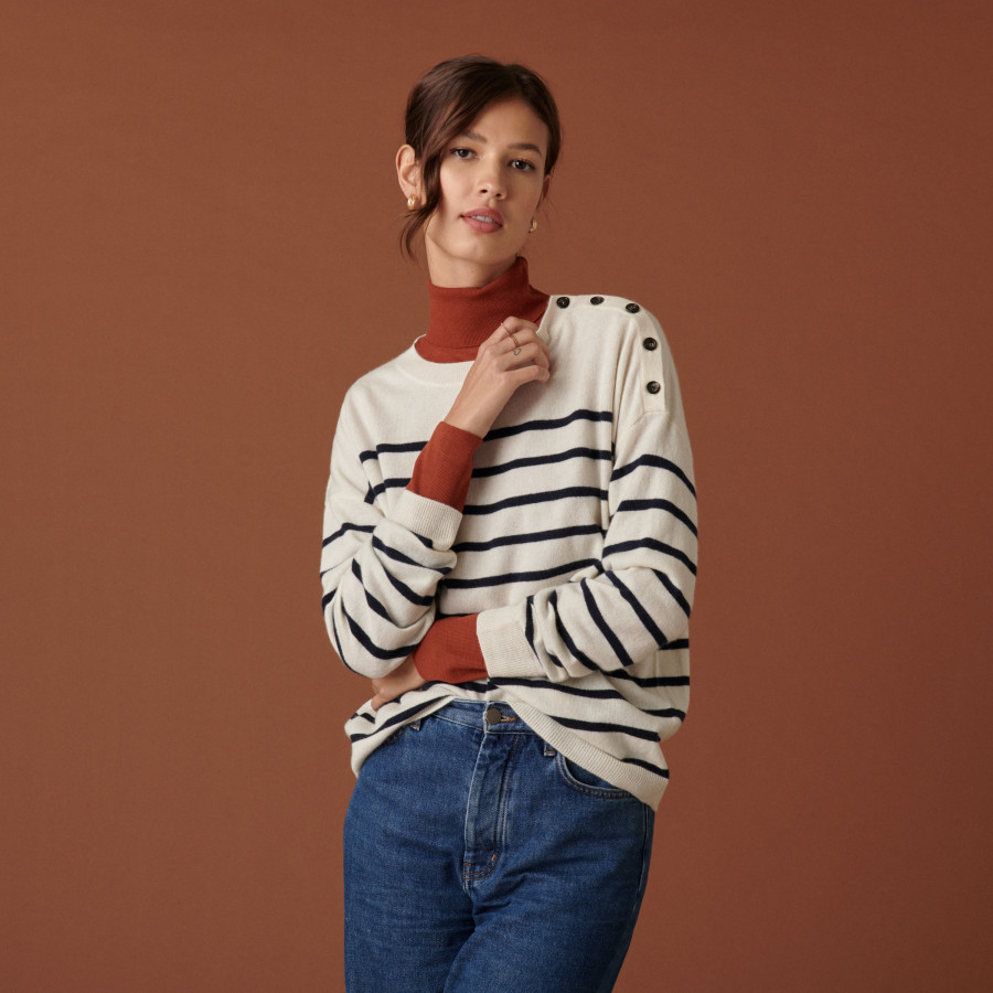 Two-tone round-neck button-down sweater in cashmere - Dalton