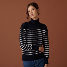 Pull col roulé en laine mérinos finitions bord côtes - Colette 7526 marine/ecru - 05 Bleu marine