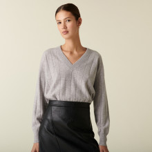 Pull en cachemire col V en jeu de maille quadrillé - Canelle 7412 gris clair - 11 Gris clair