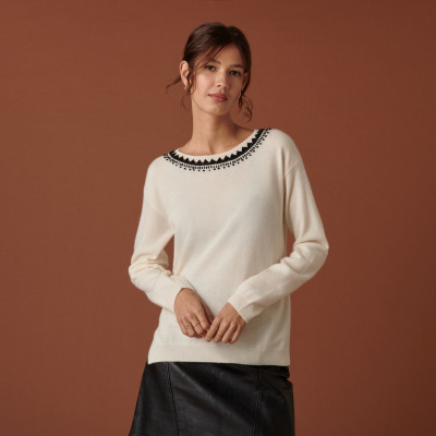 Cashmere embroidered neckline sweater - Cetanne