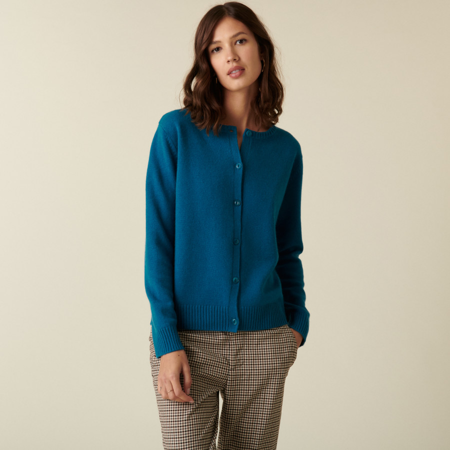 Cardigan en cachemire col rond boutonné - Adelys 7443 paon - 06 Bleu moyen