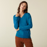 Pull col V en laine mérinos finitions bord côtes - Arya  7443 paon - 06 Bleu moyen