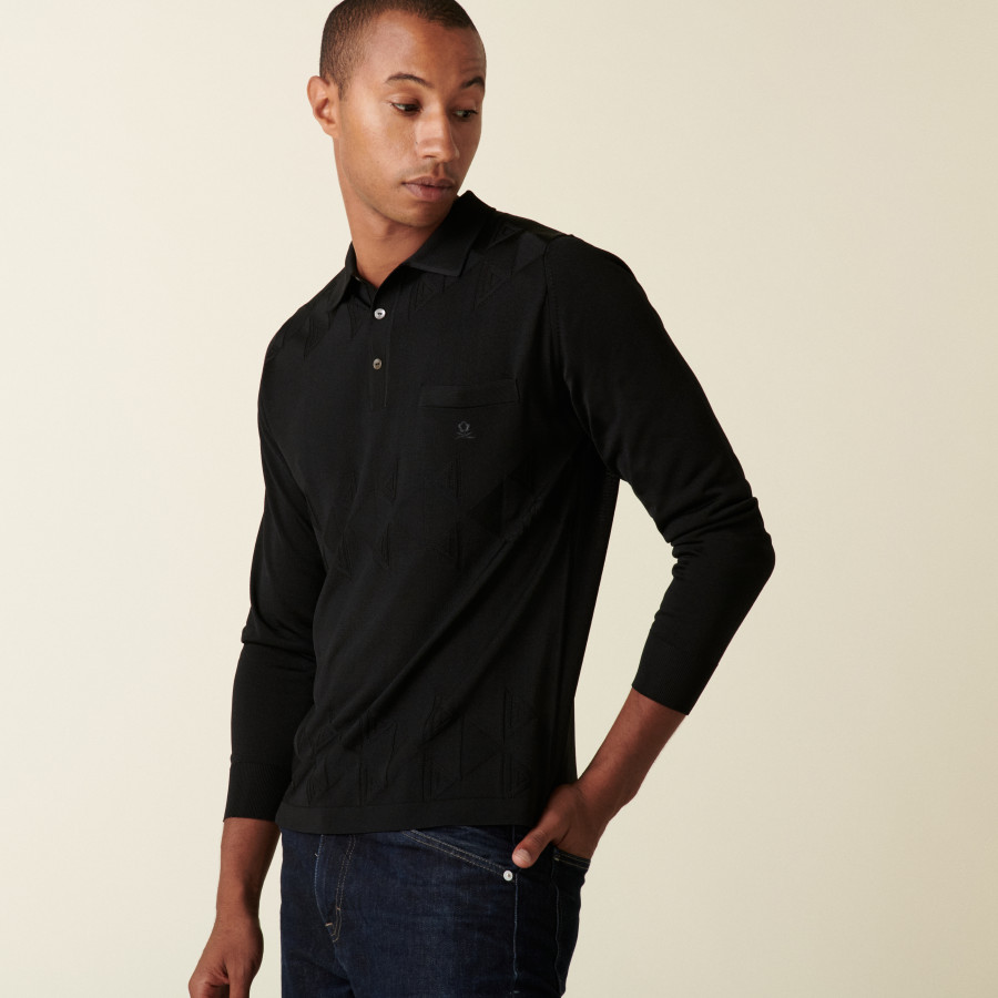 Long-sleeved polo shirt in Fil Lumière with triangular patterns - Danish