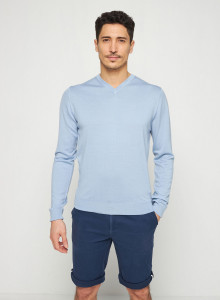 Pull col V avec logo en laine mérinos - Elmo 7642 horizon - 04 Bleu clair