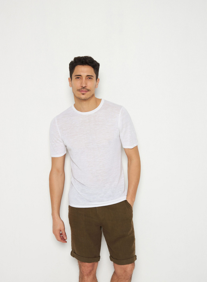 T-shirt col rond en lin flammé - Renaud 7601 ecru - 02 Blanc