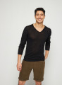 T-shirt col tunisien en lin flammé - Blayne 7610 noir - 01 Noir