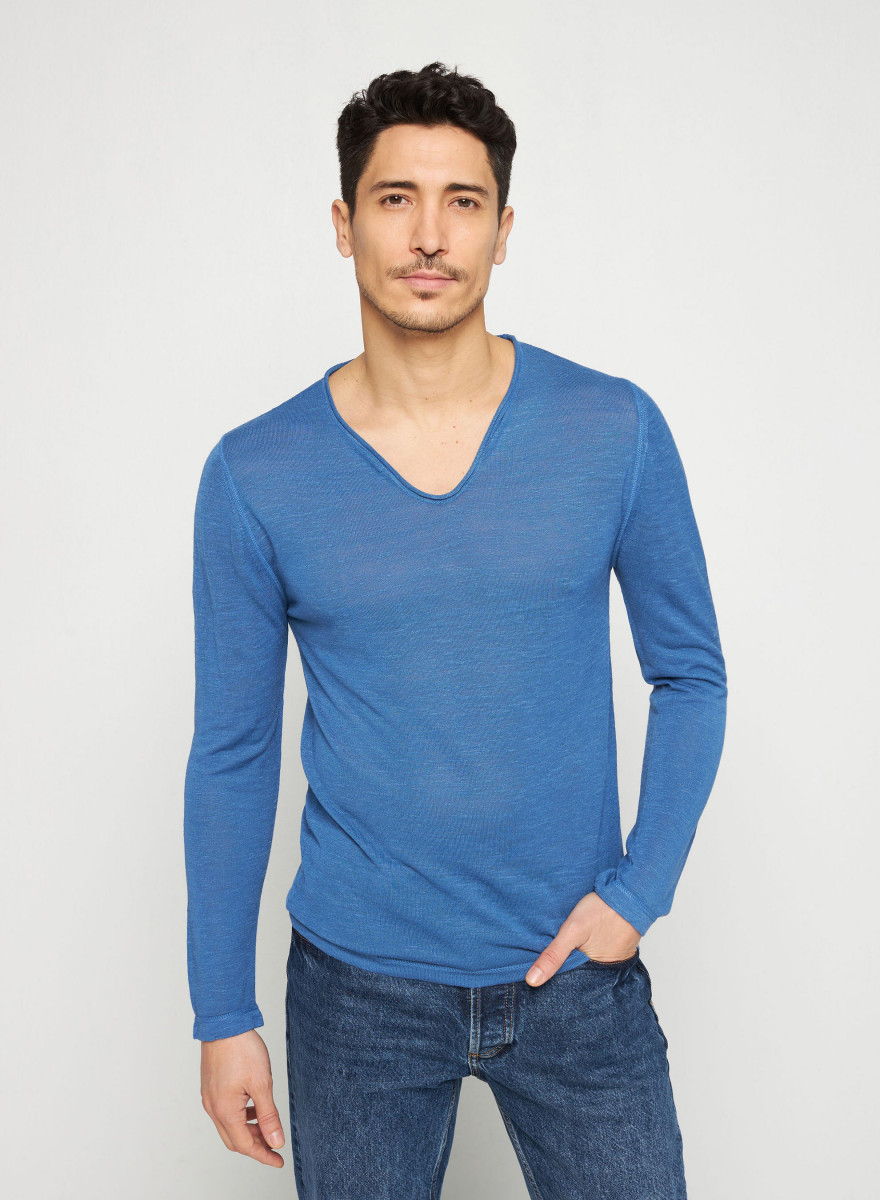 T-shirt col tunisien en lin flammé - Blayne 7643 orage - 06 Bleu moyen