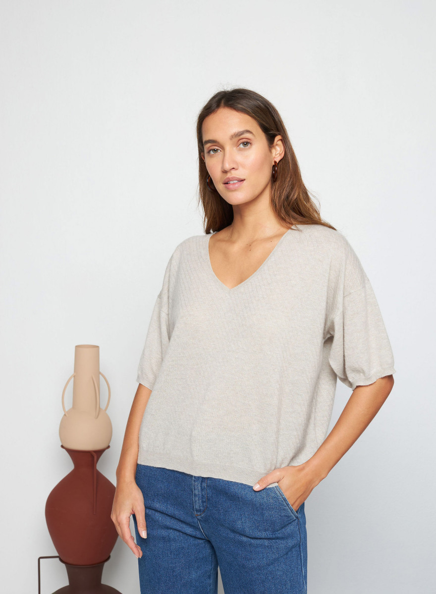 T-shirt à manches coudes en cachemire light - Solange 7620 raphia - 13 Beige moyen