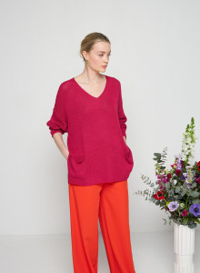 Pull oversize col V en corallo - Telma 7681 pivoine - 51 Bordeaux