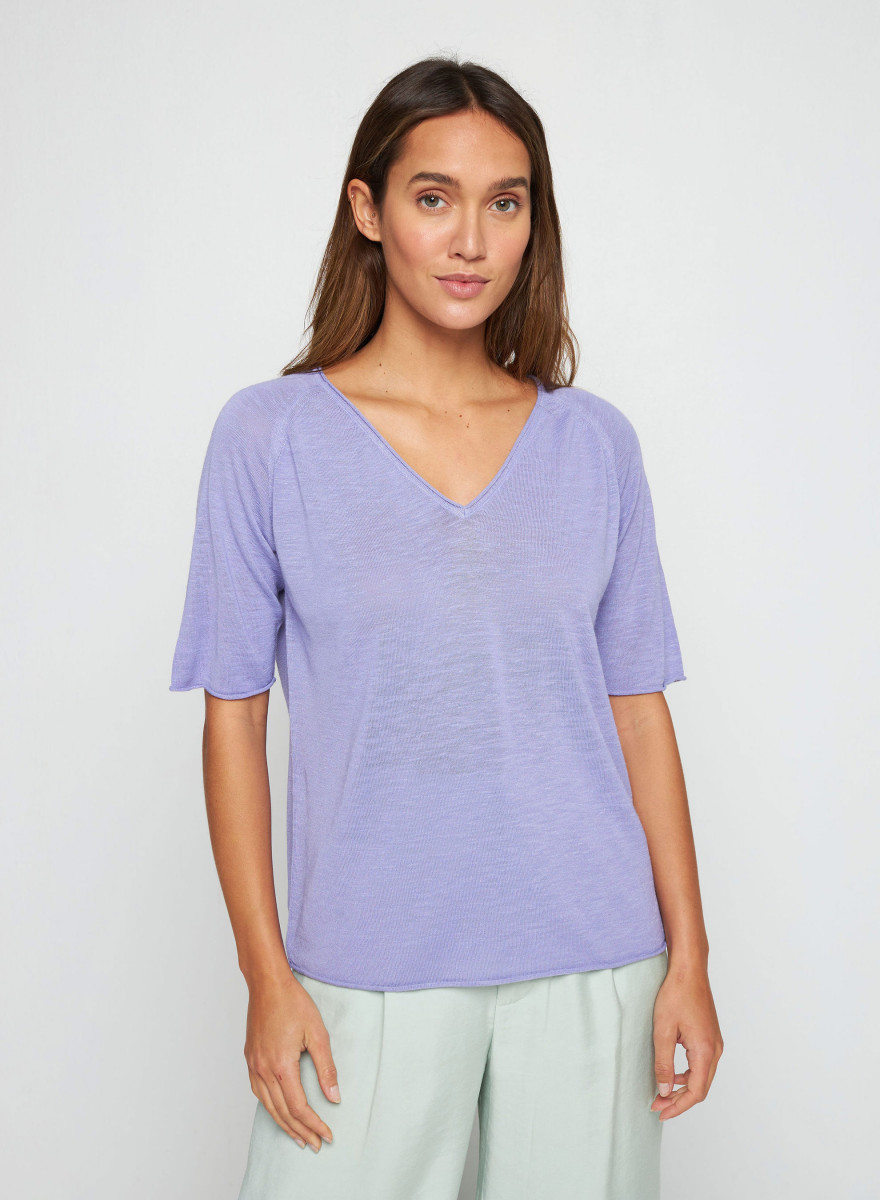 T-shirt manches coudes en lin flammé - Bonbon 7690 lavande - 16 Violet clair