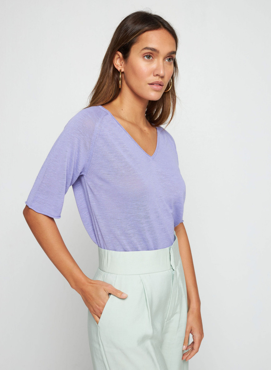 T-shirt manches coudes en lin flammé - Bonbon 7690 lavande - 16 Violet clair