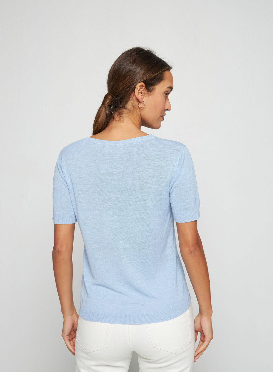 T-shirt col tunisien en lin flammé - Bohême 7642 horizon - 04 Bleu clair