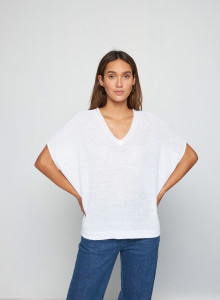 T-shirt manche chauve-souris en lin flammé - Tarra 7601 ecru - 02 Blanc