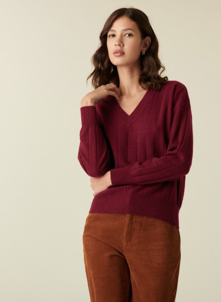 V-neck cashmere sweater in checkered knit - Canelle