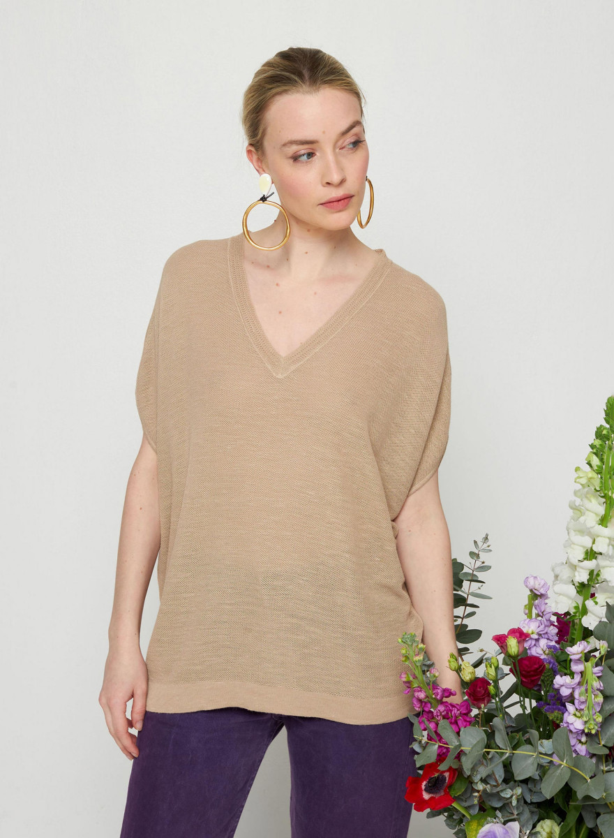 T-shirt manche chauve-souris en lin flammé - Tarra 7620 raphia - 12 Beige clair