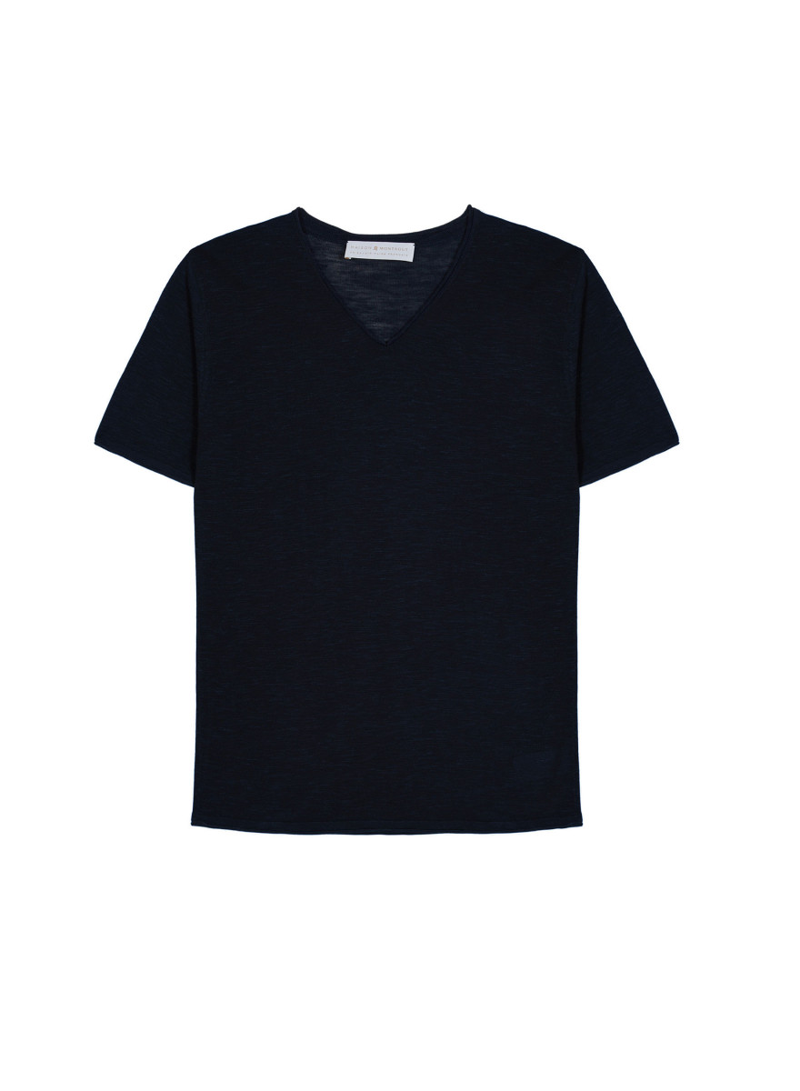 T-shirt col V en lin flammé - Reuben 7640 marine - 05 Bleu marine