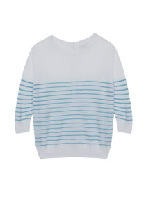 T-shirt manches longues rayé en lin flammé - Tanguy 7708 ecru/lagon - 02 Blanc