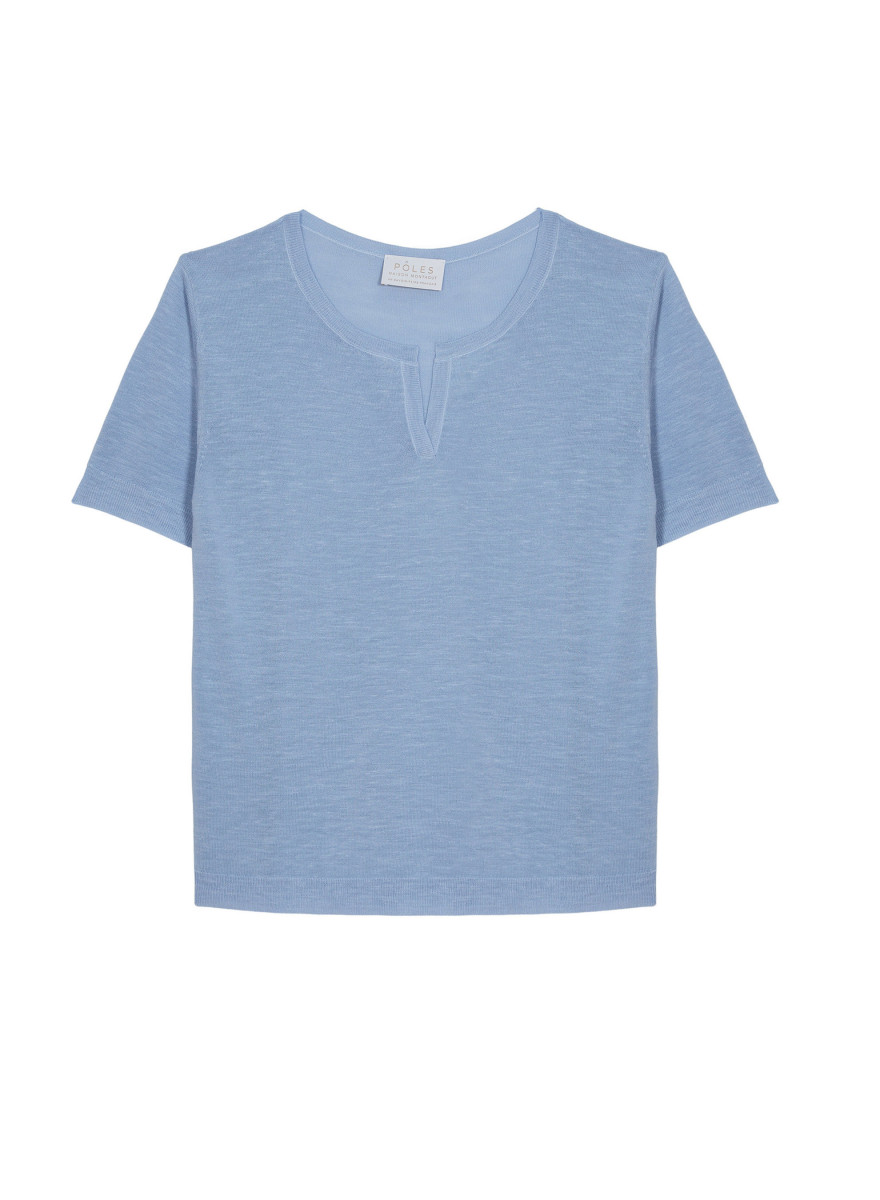 T-shirt col tunisien en lin flammé - Bohême 7642 horizon - 04 Bleu clair