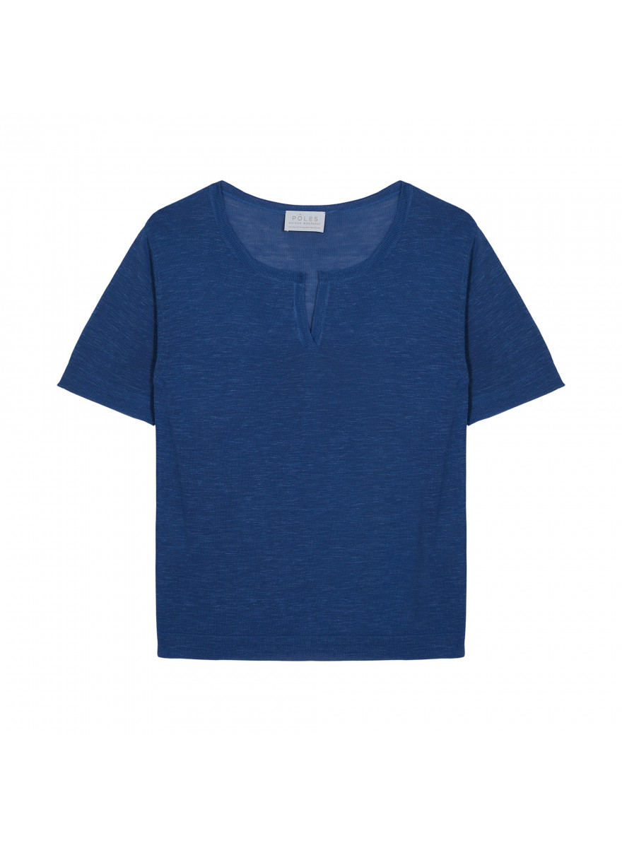 T-shirt col tunisien en lin flammé - Bohême 7643 orage - 06 Bleu moyen
