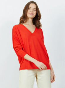  T-shirt ample col v en lin flammé - Beja 7280 ecarlate - 52 Rouge