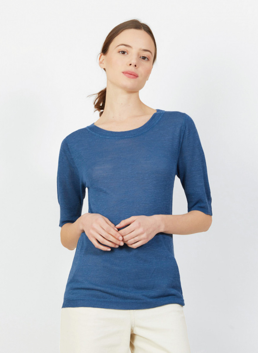 T-shirt col rond en lin flammé - Bonnie 7241 corsaire - 06 Bleu moyen