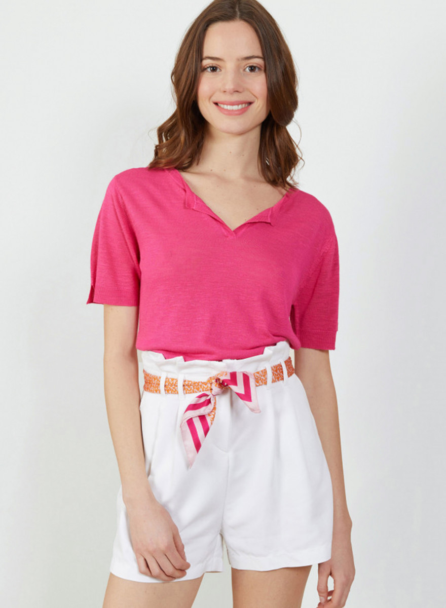  T-shirt col tunisien en lin flammé - Boheme 7283 corolle - 91 Fuchsia