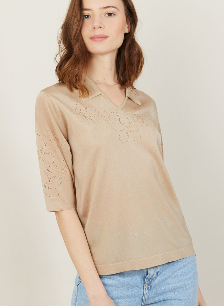 Openwork patterned polo shirt with elbow sleeves - Ambre