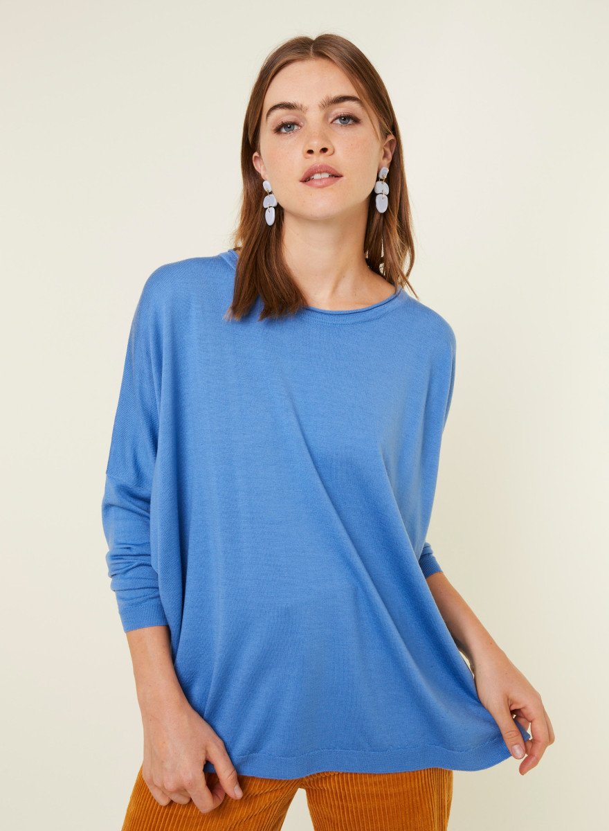 Pull ample col rond en laine mérinos - Azel 7841 saphir - 06 Bleu moyen