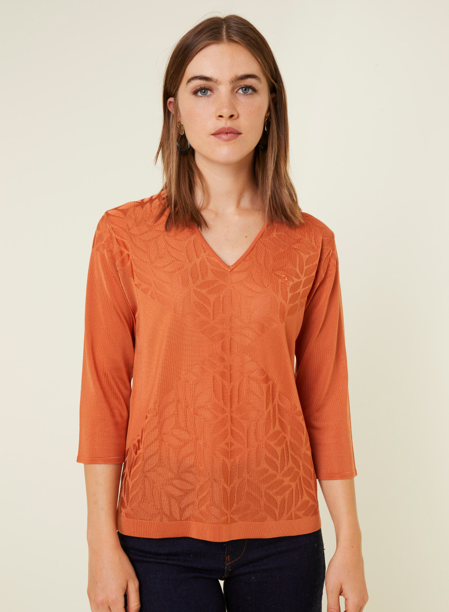T-shirt col V manches coudes en Fil Lumière - Elsa 0921 capucine - 15 Orange