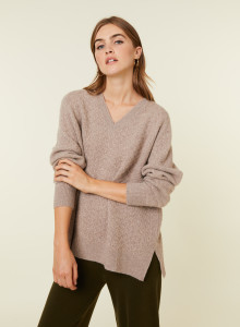 Pull col V à fentes jeux de points en cachemire - Giulia 7821 grege - 14 Beige foncé