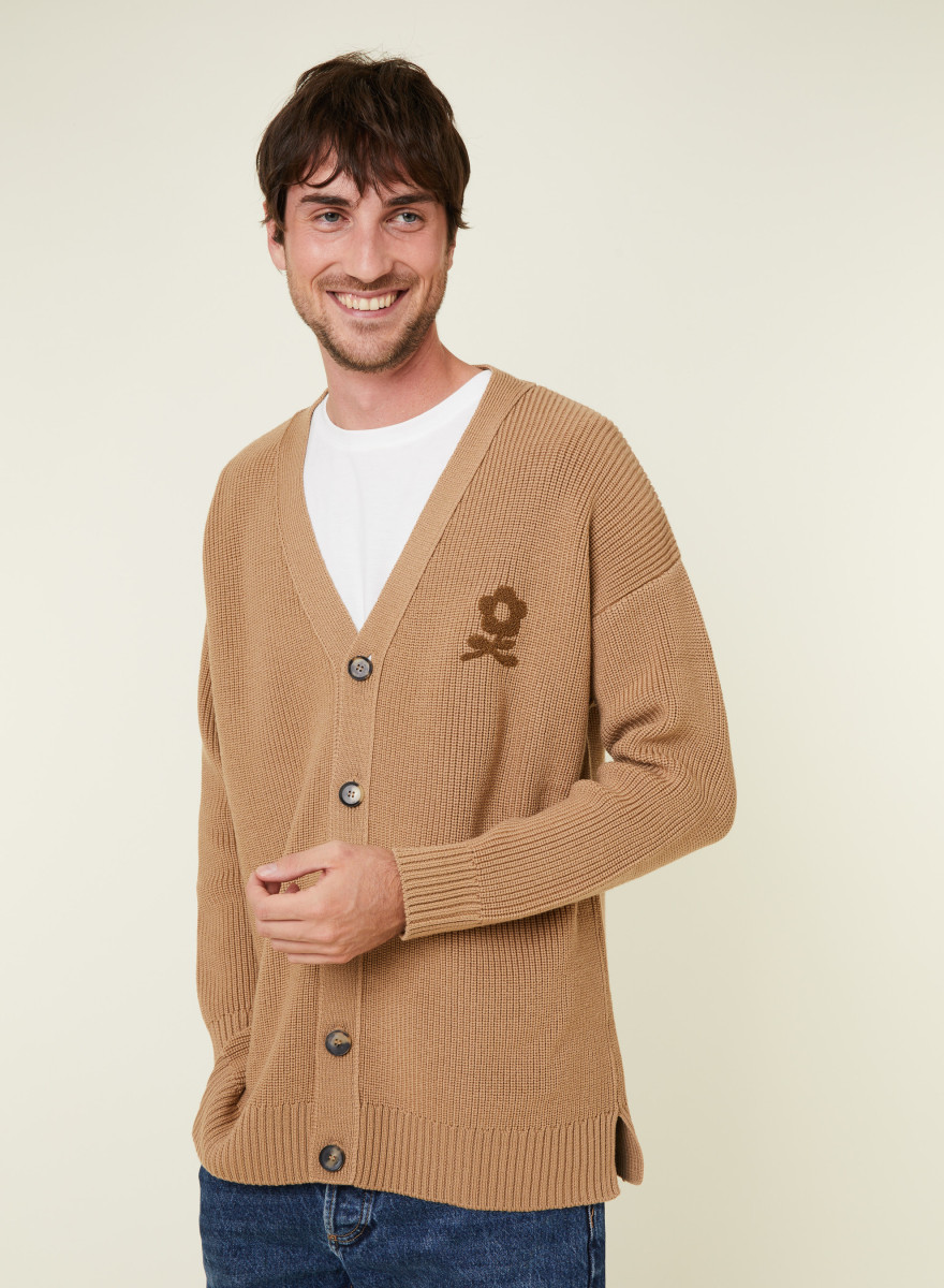 Loose buttoned cardigan with logo in merino wool - Frederic