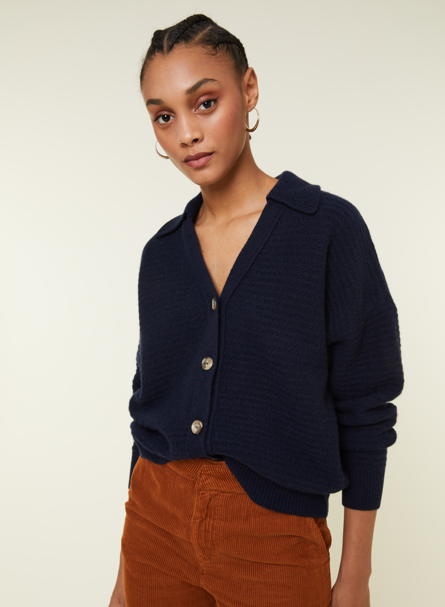 Cardigan col polo en cachemire et laine recyclés - Lisa 7840 marine - 05 Bleu marine