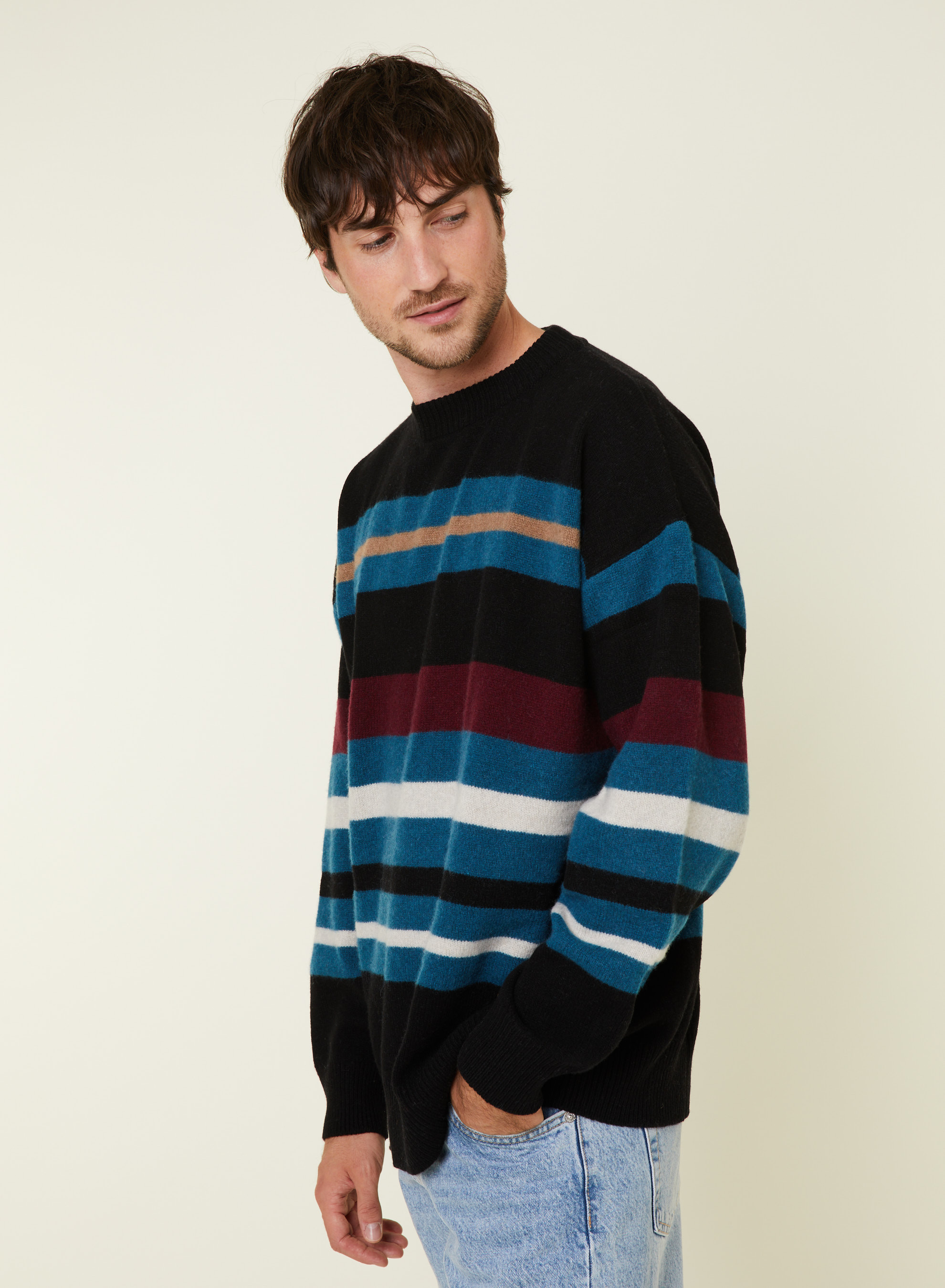 Round-neck striped sweater in recycled cashmere and wool - Fael