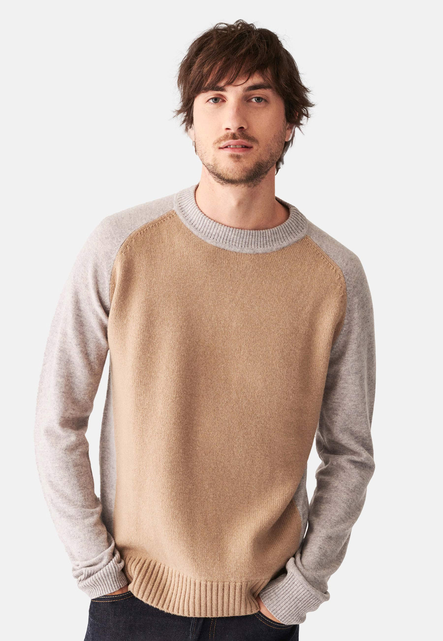 Pull en cachemire bicolore manches raglan - Amalfi 7537 gris clair/sable - 13 Beige moyen