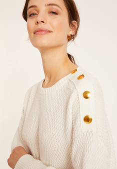 Pull col rond épaule boutonnée en coton bio - Meryl 8001 - 02 Blanc