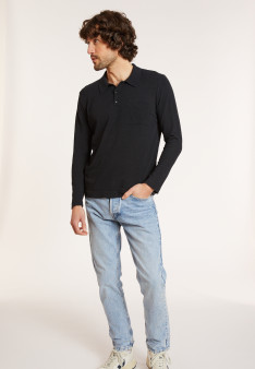 Polo manches longues en coton brossé - Donovan 8010 - 01 Noir