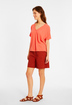 T-shirt ample col V en coton brossé - Maden 8072 corail - Rose foncé
