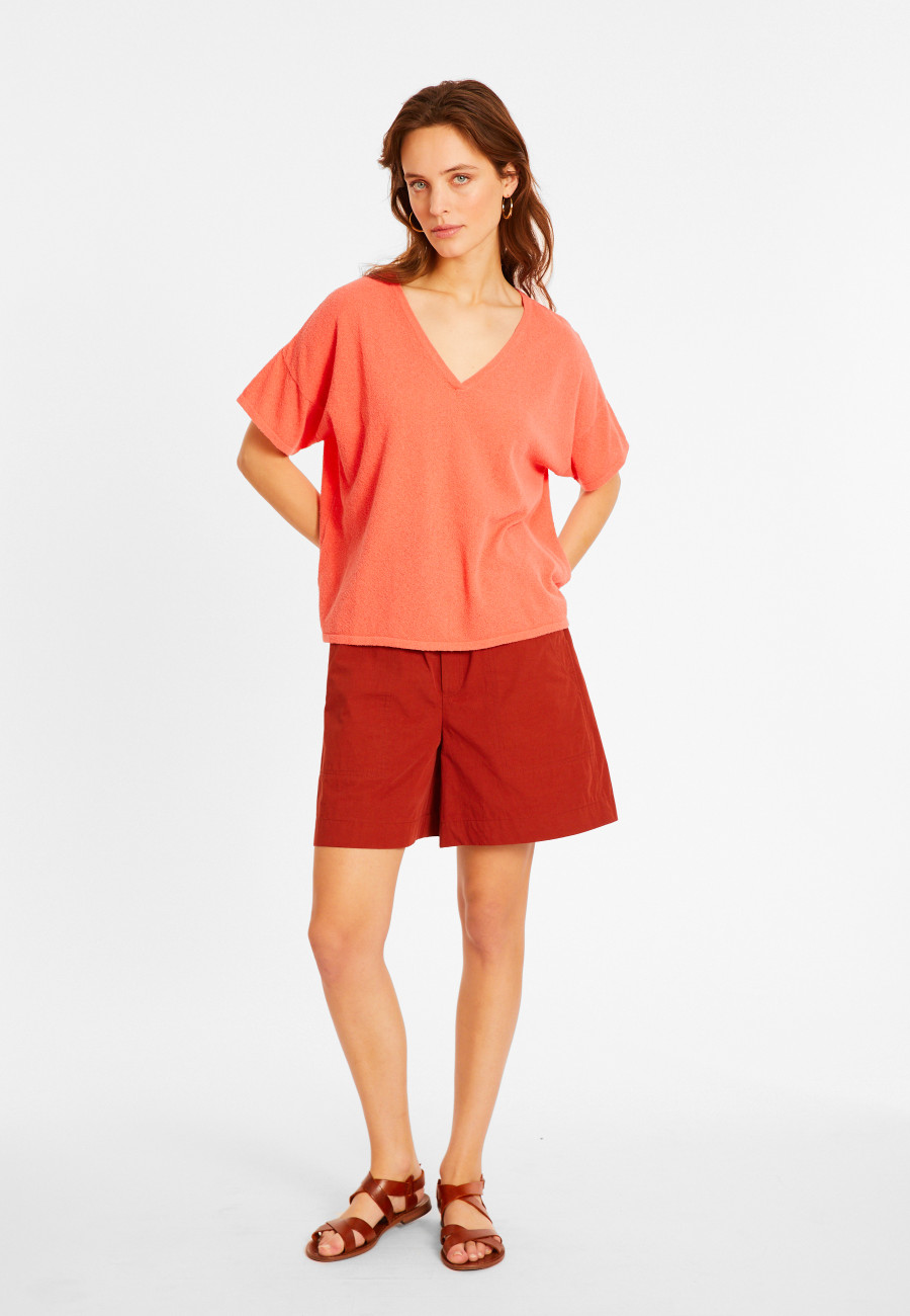 T-shirt ample col V en coton brossé - Maden 8072 corail - Rose foncé