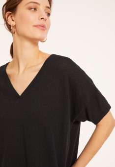 T-shirt ample col V en coton brossé - Maden 8010 noir - 01 Noir