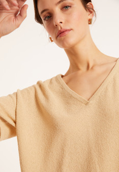 T-shirt ample col V en coton brossé - Maden 8020 ficelle - 12 Beige clair